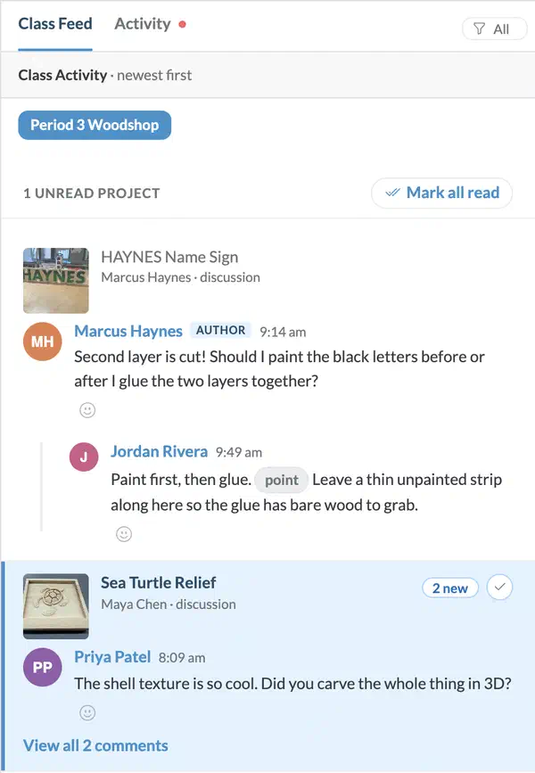 The class feed for one class, as the teacher sees it. A student's question with the teacher's reply pinned to the design, and a classmate's comment on another project marked as new.